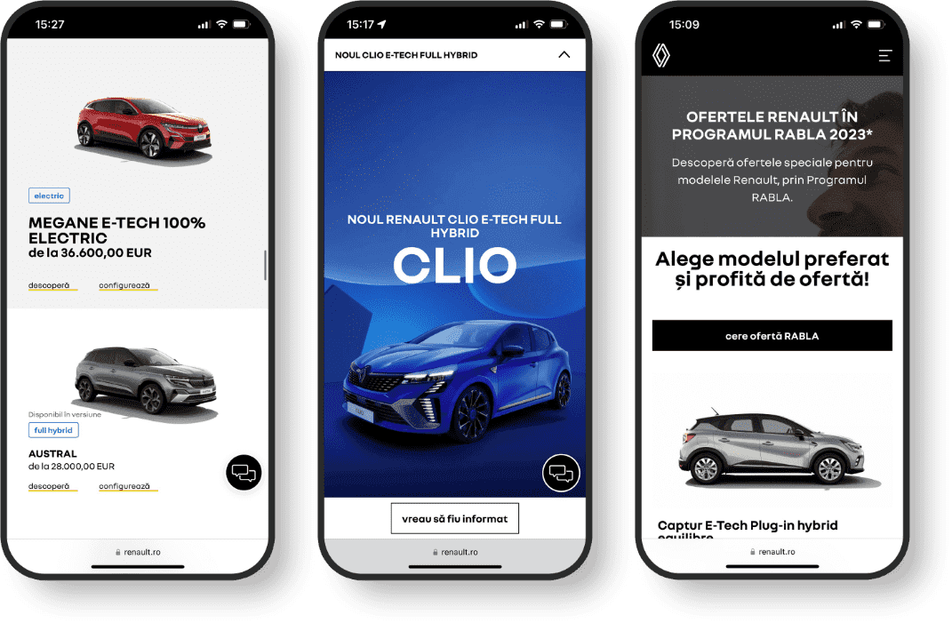 Renault Romania mobile app screens: Mobile first